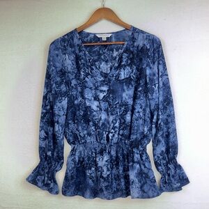 COUNTERPARTS Blue Blouse Boho Tie Dye Marbled V Neck Long‎ Sleeve Office Medium